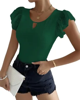 SKAYS Womens Short Ruffle Sleeve Ribbed Slimming Keyhole Top Summer Round Neck Blouse Shirt Dressy Casual