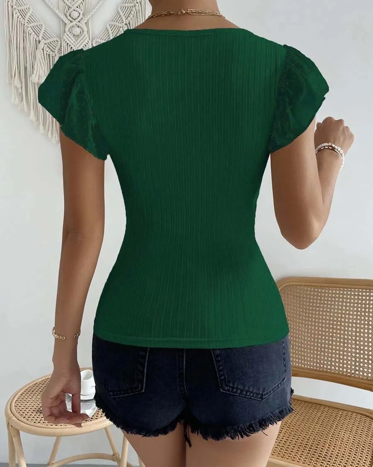 SKAYS Womens Short Ruffle Sleeve Ribbed Slimming Keyhole Top Summer Round Neck Blouse Shirt Dressy Casual