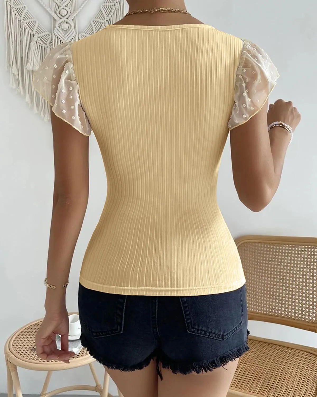SKAYS Womens Short Ruffle Sleeve Ribbed Slimming Keyhole Top Summer Round Neck Blouse Shirt Dressy Casual