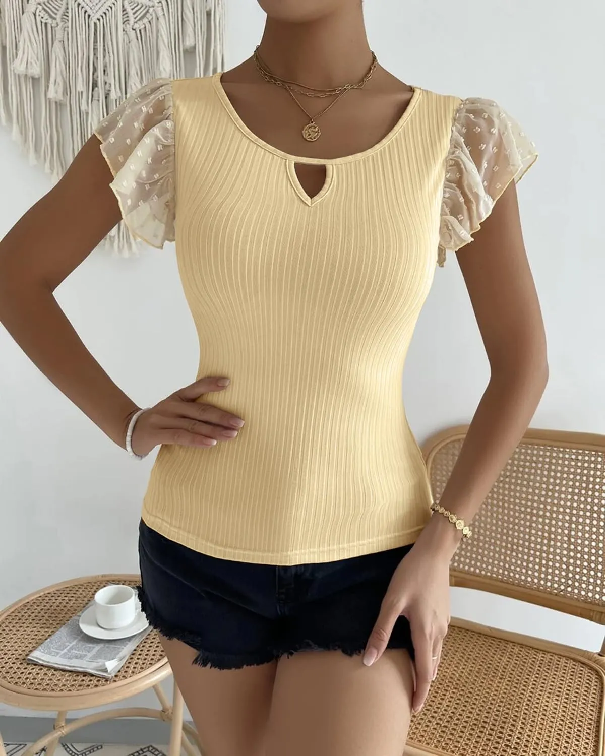 SKAYS Womens Short Ruffle Sleeve Ribbed Slimming Keyhole Top Summer Round Neck Blouse Shirt Dressy Casual