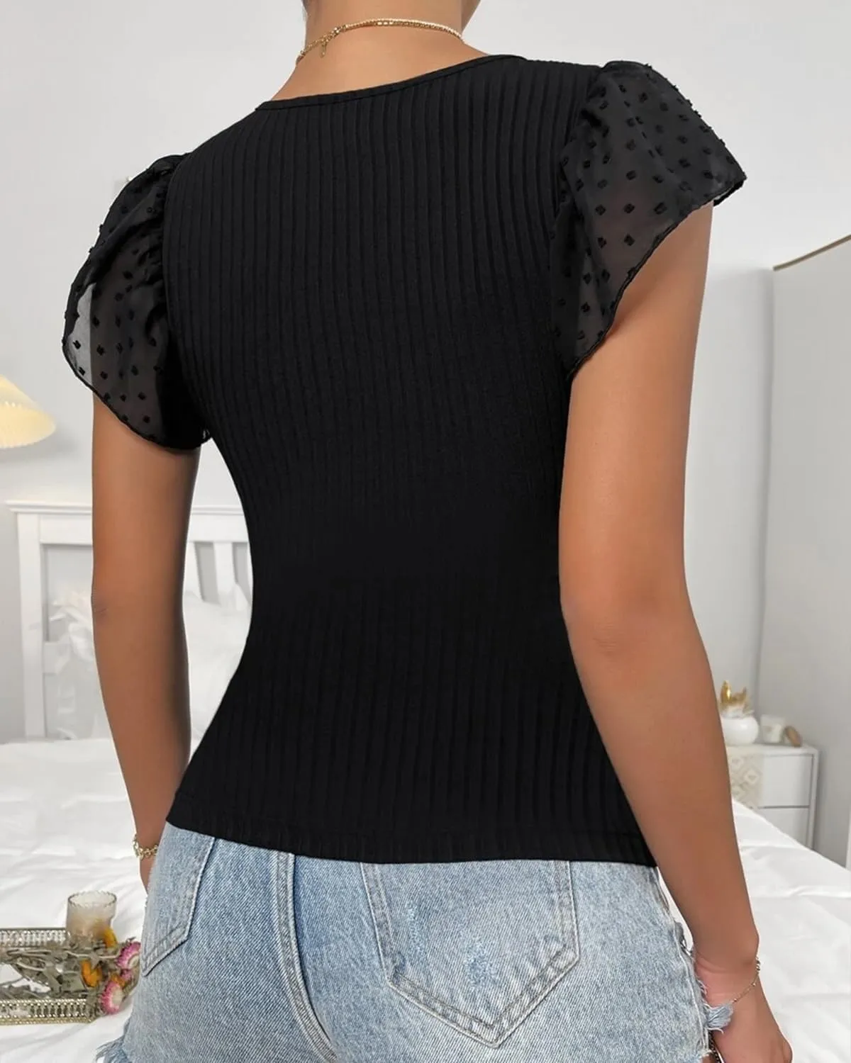 SKAYS Womens Short Ruffle Sleeve Ribbed Slimming Keyhole Top Summer Round Neck Blouse Shirt Dressy Casual