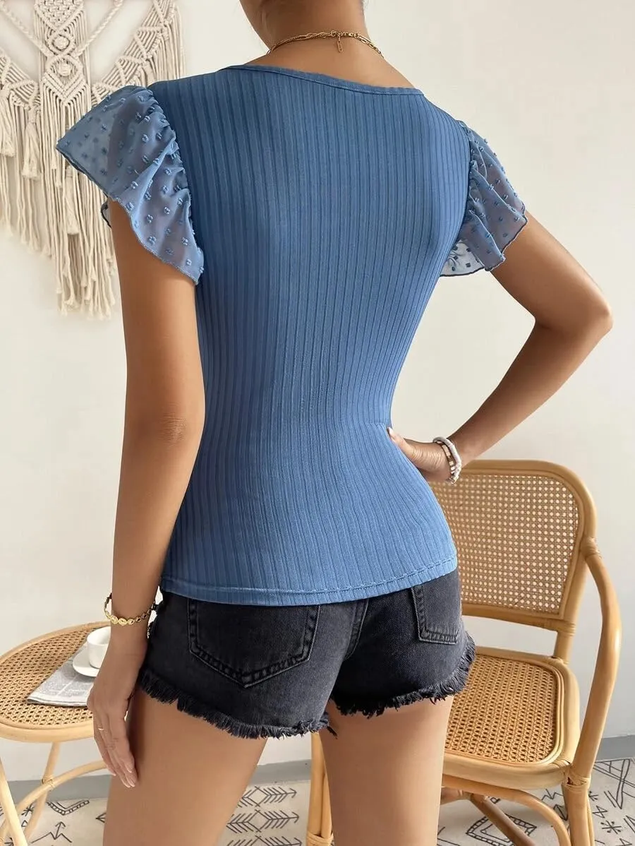 SKAYS Womens Short Ruffle Sleeve Ribbed Slimming Keyhole Top Summer Round Neck Blouse Shirt Dressy Casual
