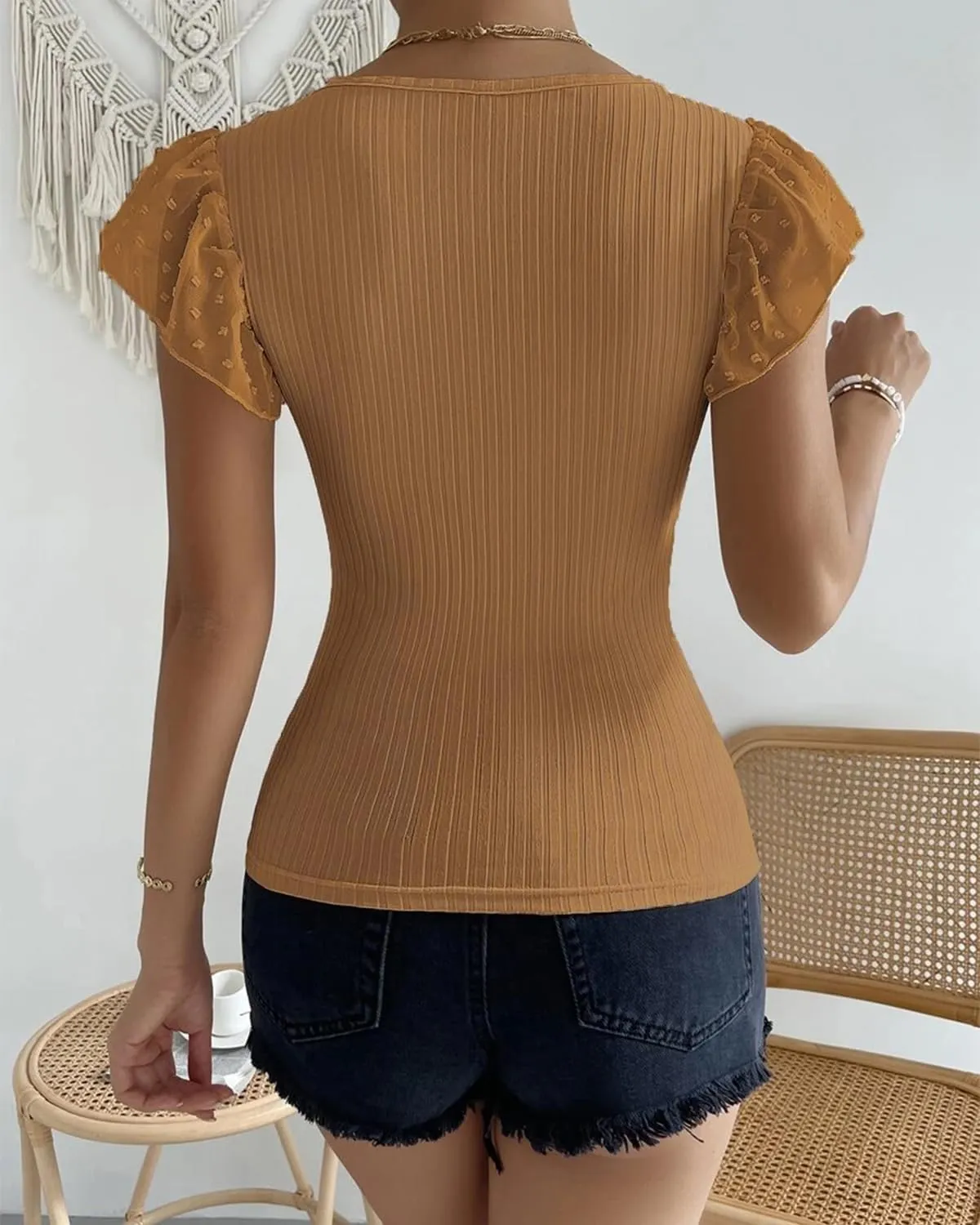 SKAYS Womens Short Ruffle Sleeve Ribbed Slimming Keyhole Top Summer Round Neck Blouse Shirt Dressy Casual