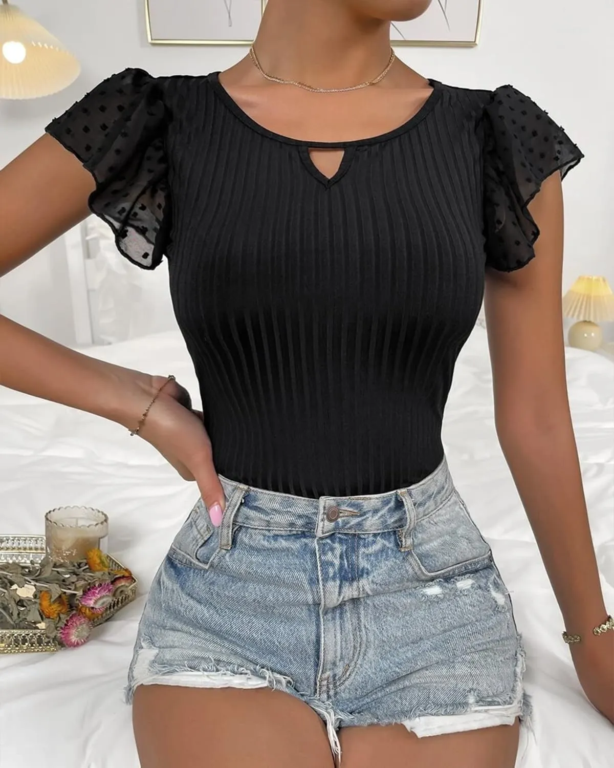 SKAYS Womens Short Ruffle Sleeve Ribbed Slimming Keyhole Top Summer Round Neck Blouse Shirt Dressy Casual