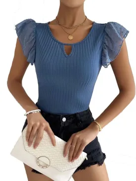 SKAYS Womens Short Ruffle Sleeve Ribbed Slimming Keyhole Top Summer Round Neck Blouse Shirt Dressy Casual