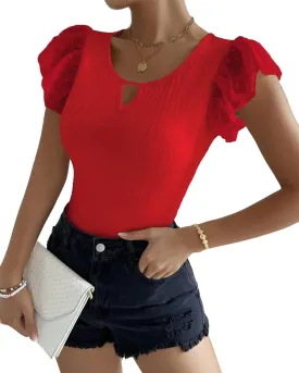 SKAYS Womens Short Ruffle Sleeve Ribbed Slimming Keyhole Top Summer Round Neck Blouse Shirt Dressy Casual