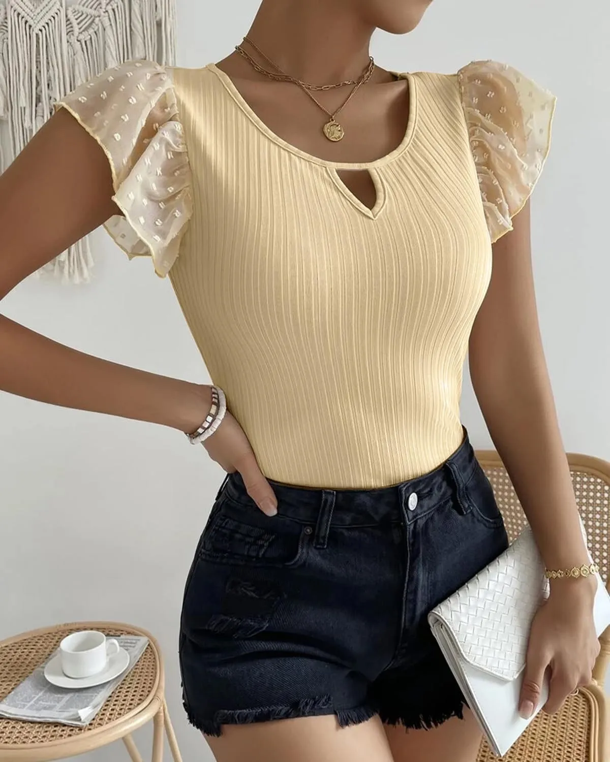 SKAYS Womens Short Ruffle Sleeve Ribbed Slimming Keyhole Top Summer Round Neck Blouse Shirt Dressy Casual