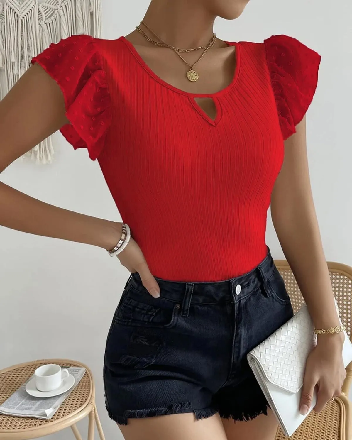 SKAYS Womens Short Ruffle Sleeve Ribbed Slimming Keyhole Top Summer Round Neck Blouse Shirt Dressy Casual