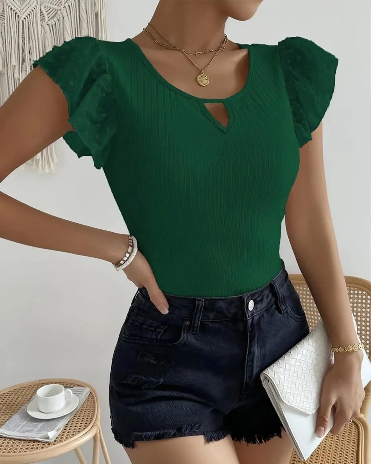 SKAYS Womens Short Ruffle Sleeve Ribbed Slimming Keyhole Top Summer Round Neck Blouse Shirt Dressy Casual