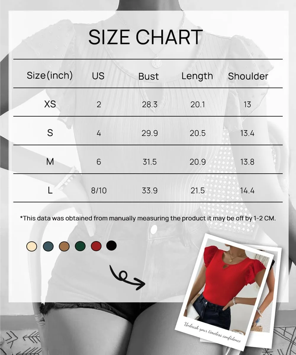 SKAYS Womens Short Ruffle Sleeve Ribbed Slimming Keyhole Top Summer Round Neck Blouse Shirt Dressy Casual