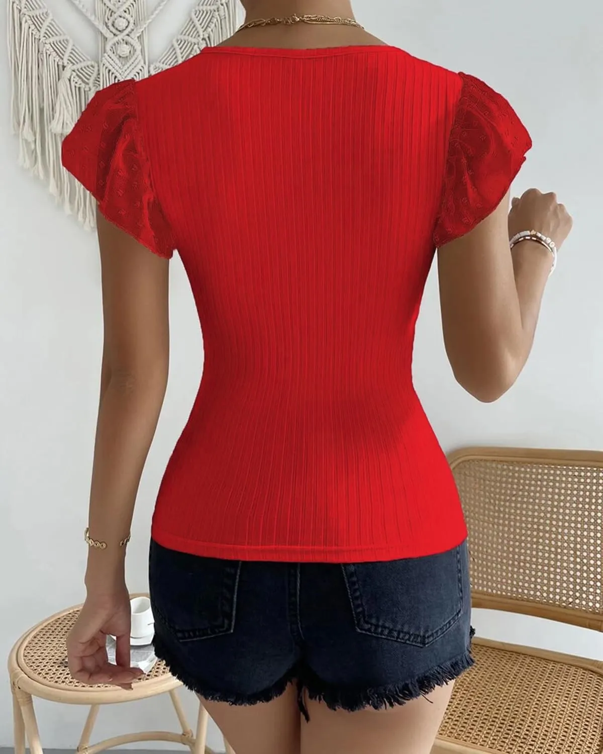 SKAYS Womens Short Ruffle Sleeve Ribbed Slimming Keyhole Top Summer Round Neck Blouse Shirt Dressy Casual