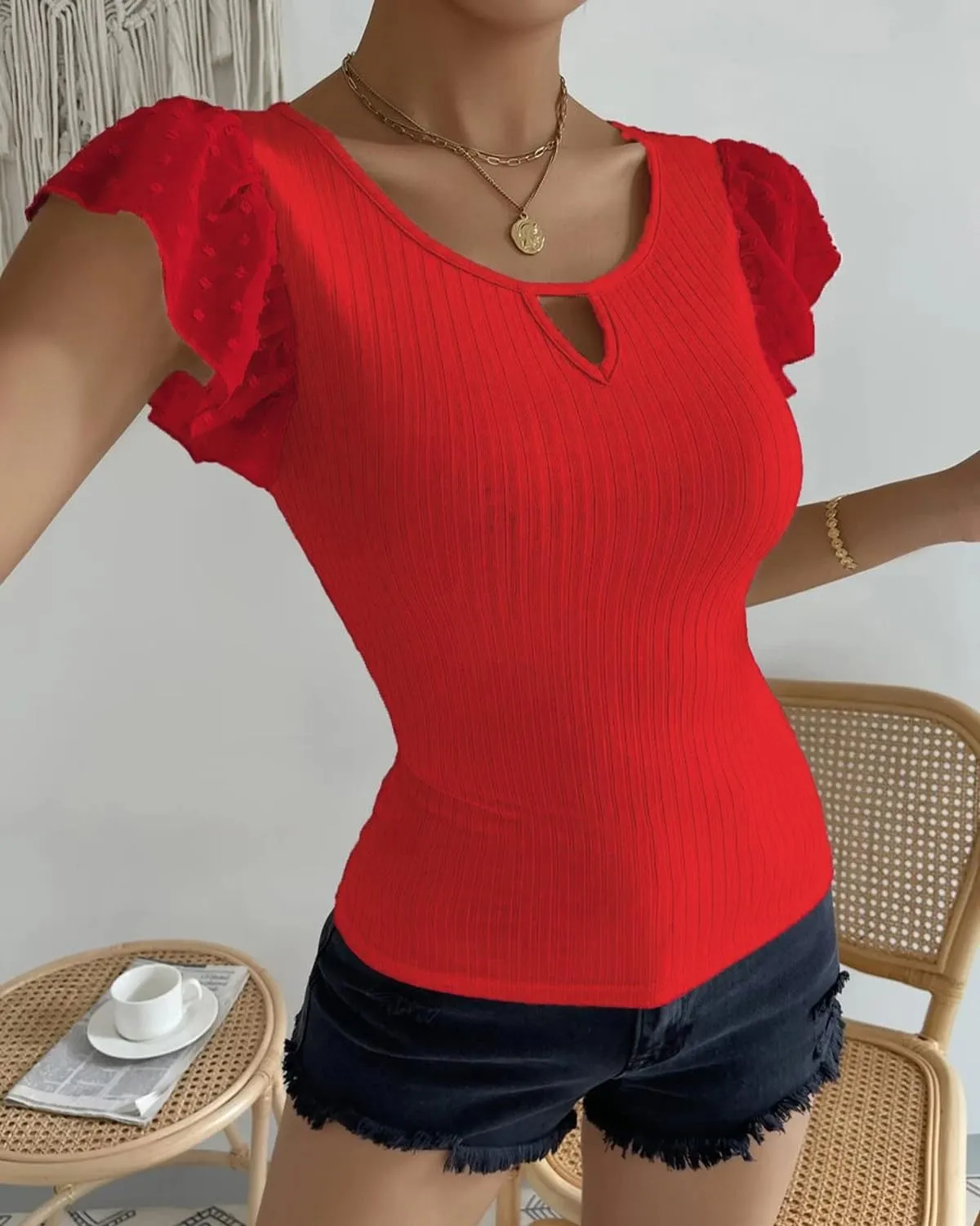 SKAYS Womens Short Ruffle Sleeve Ribbed Slimming Keyhole Top Summer Round Neck Blouse Shirt Dressy Casual
