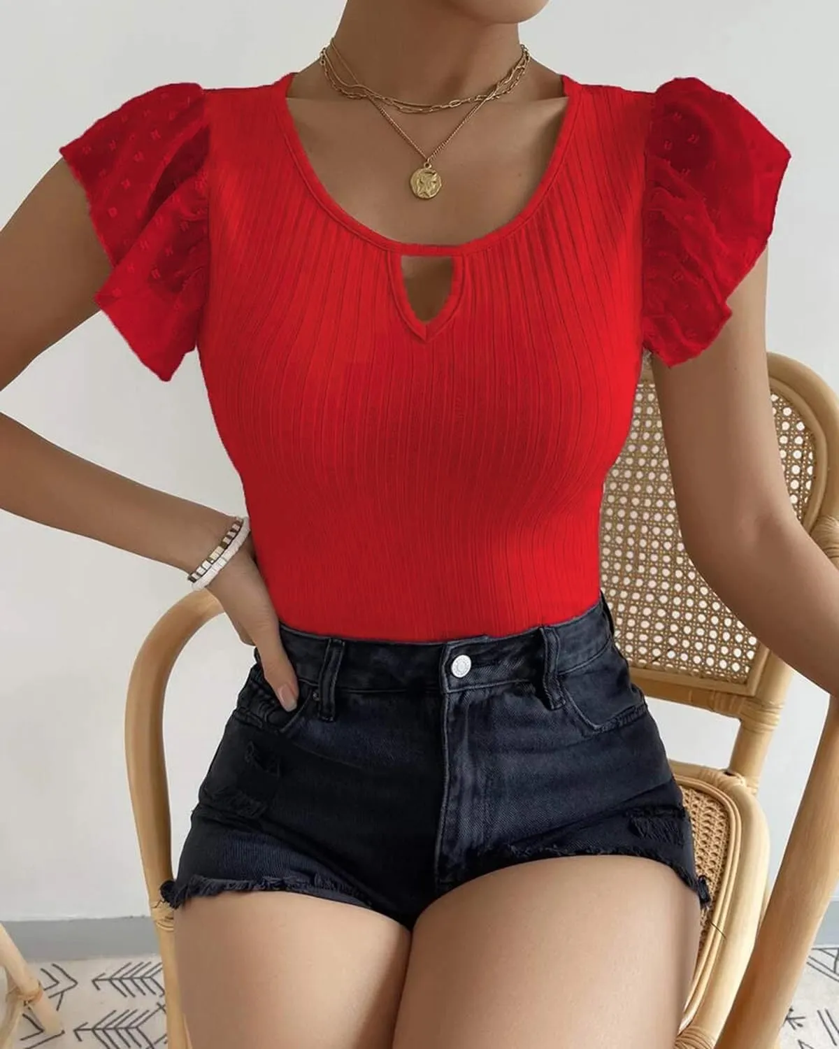 SKAYS Womens Short Ruffle Sleeve Ribbed Slimming Keyhole Top Summer Round Neck Blouse Shirt Dressy Casual