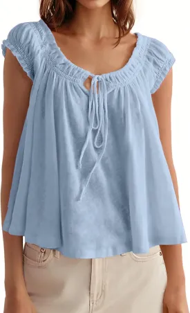 Tankaneo Women Summer Tie Front Tank Tops Cap Sleeve Pleated Babydoll Tops Casual Loose Fit Going Out Flowy Shirt