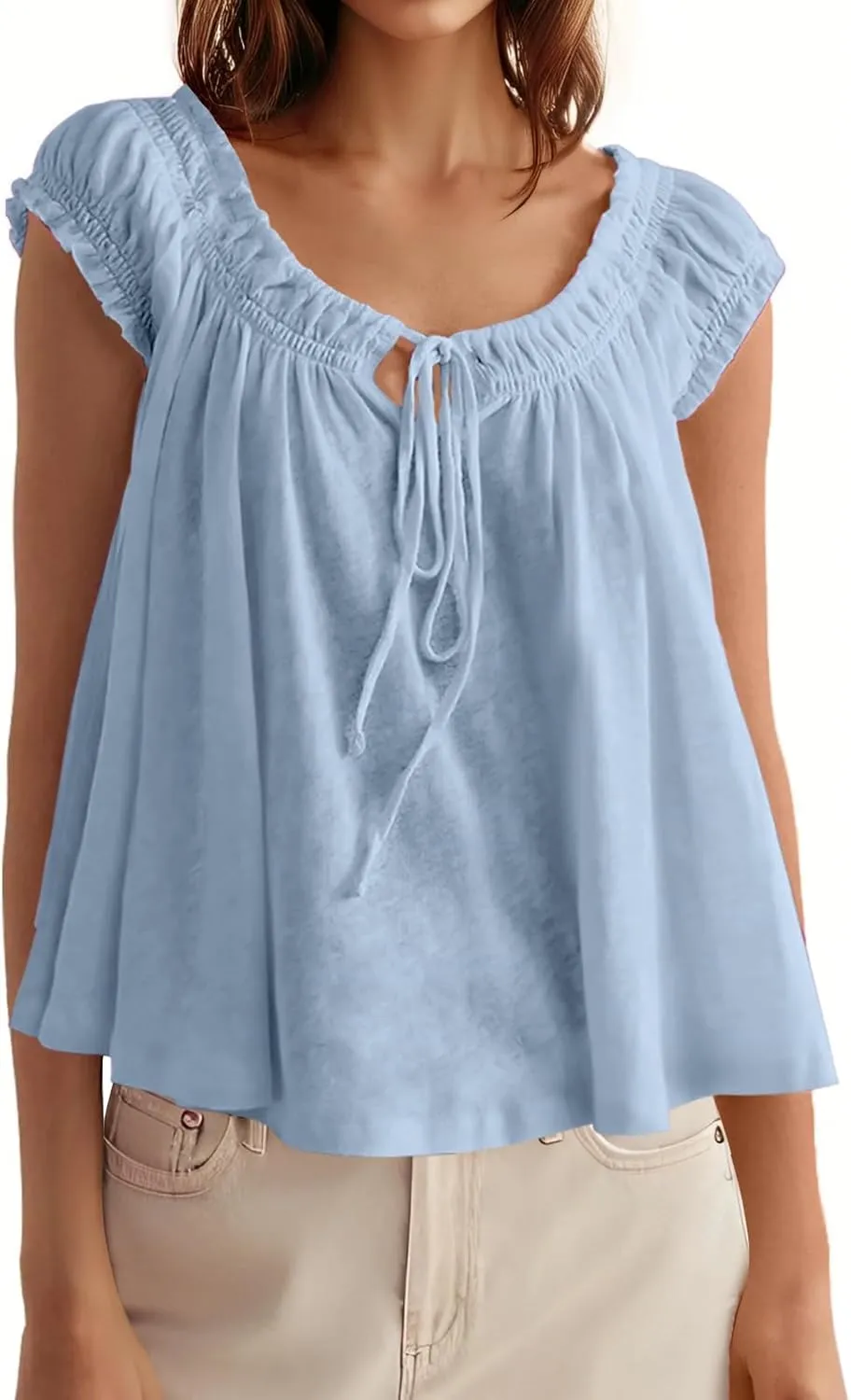 Tankaneo Women Summer Tie Front Tank Tops Cap Sleeve Pleated Babydoll Tops Casual Loose Fit Going Out Flowy Shirt