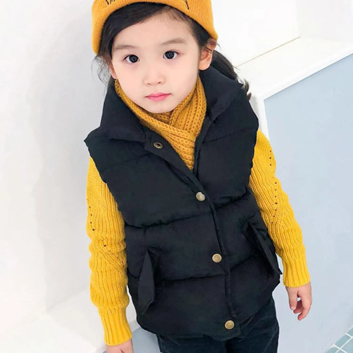 Toddler Girls Boys Puffer Vest High Neck Button Sleeveless Padded Gilet Winter Cute Sleeveless Toddler Fleece Jacket