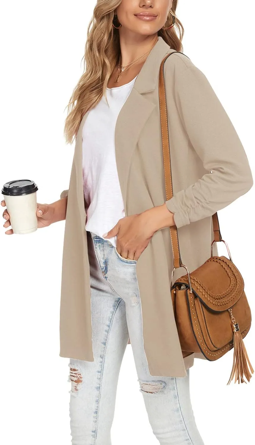Unifizz Women Long Blazers for Business Casual 3/4 Sleeve Button Front Notch Lapel Lightweight Work Office Blazer Jackets