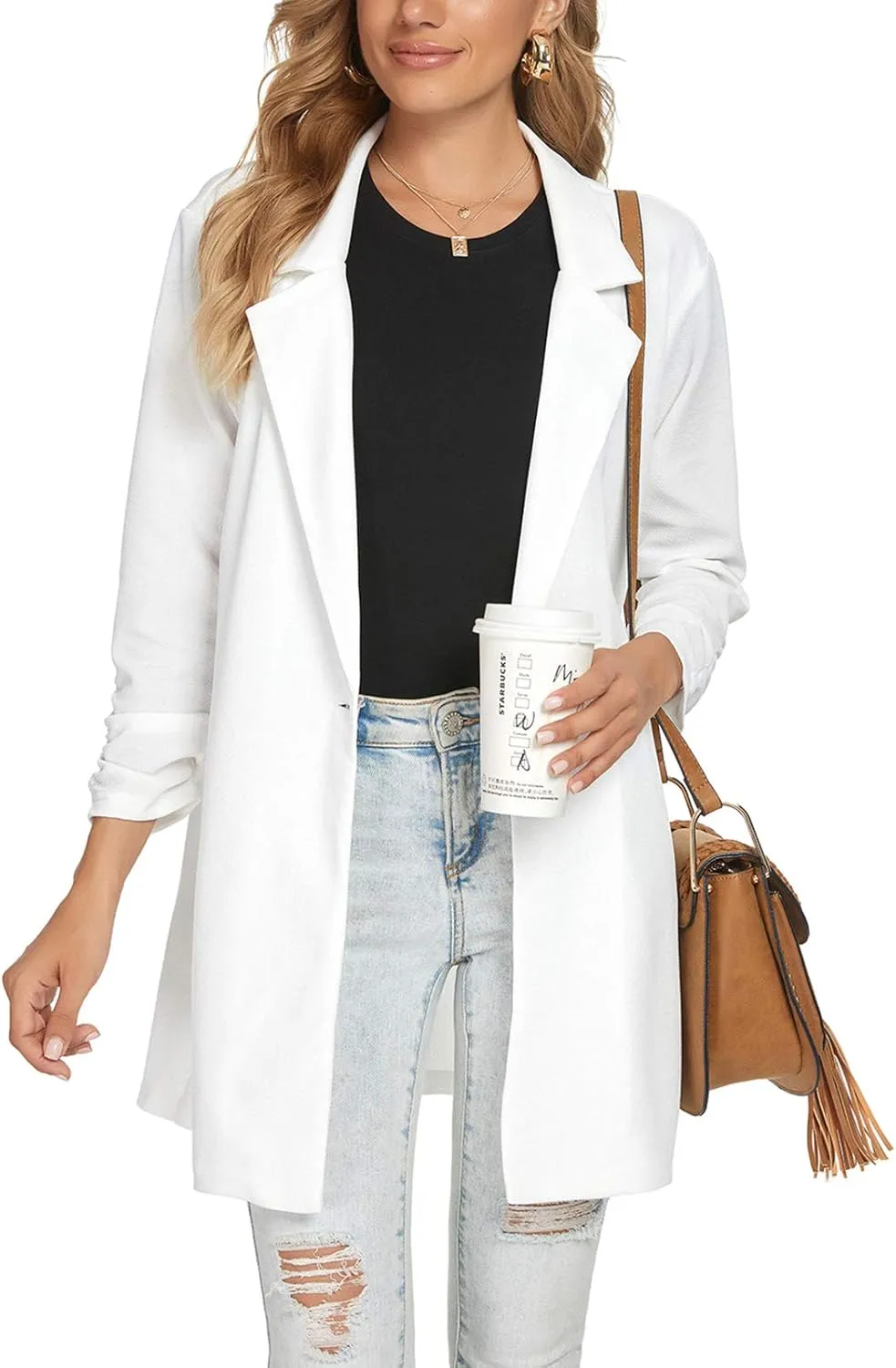 Unifizz Women Long Blazers for Business Casual 3/4 Sleeve Button Front Notch Lapel Lightweight Work Office Blazer Jackets