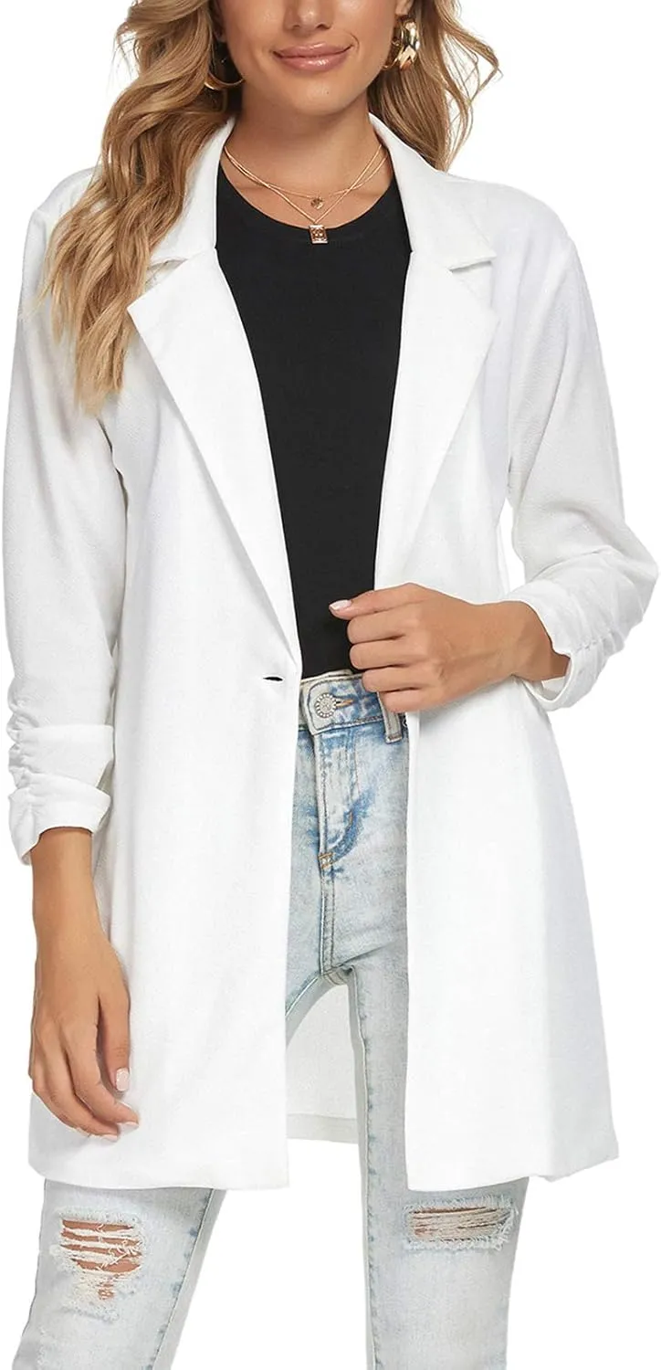 Unifizz Women Long Blazers for Business Casual 3/4 Sleeve Button Front Notch Lapel Lightweight Work Office Blazer Jackets