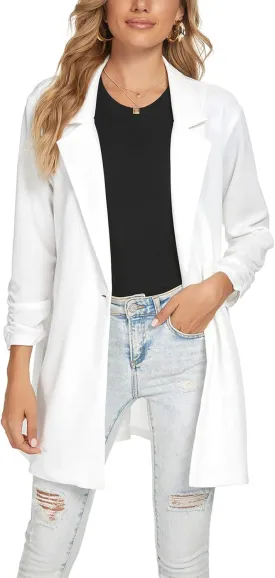 Unifizz Women Long Blazers for Business Casual 3/4 Sleeve Button Front Notch Lapel Lightweight Work Office Blazer Jackets