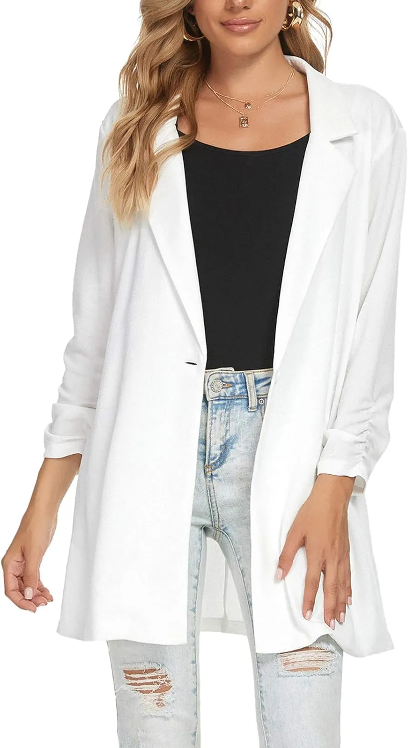 Unifizz Women Long Blazers for Business Casual 3/4 Sleeve Button Front Notch Lapel Lightweight Work Office Blazer Jackets