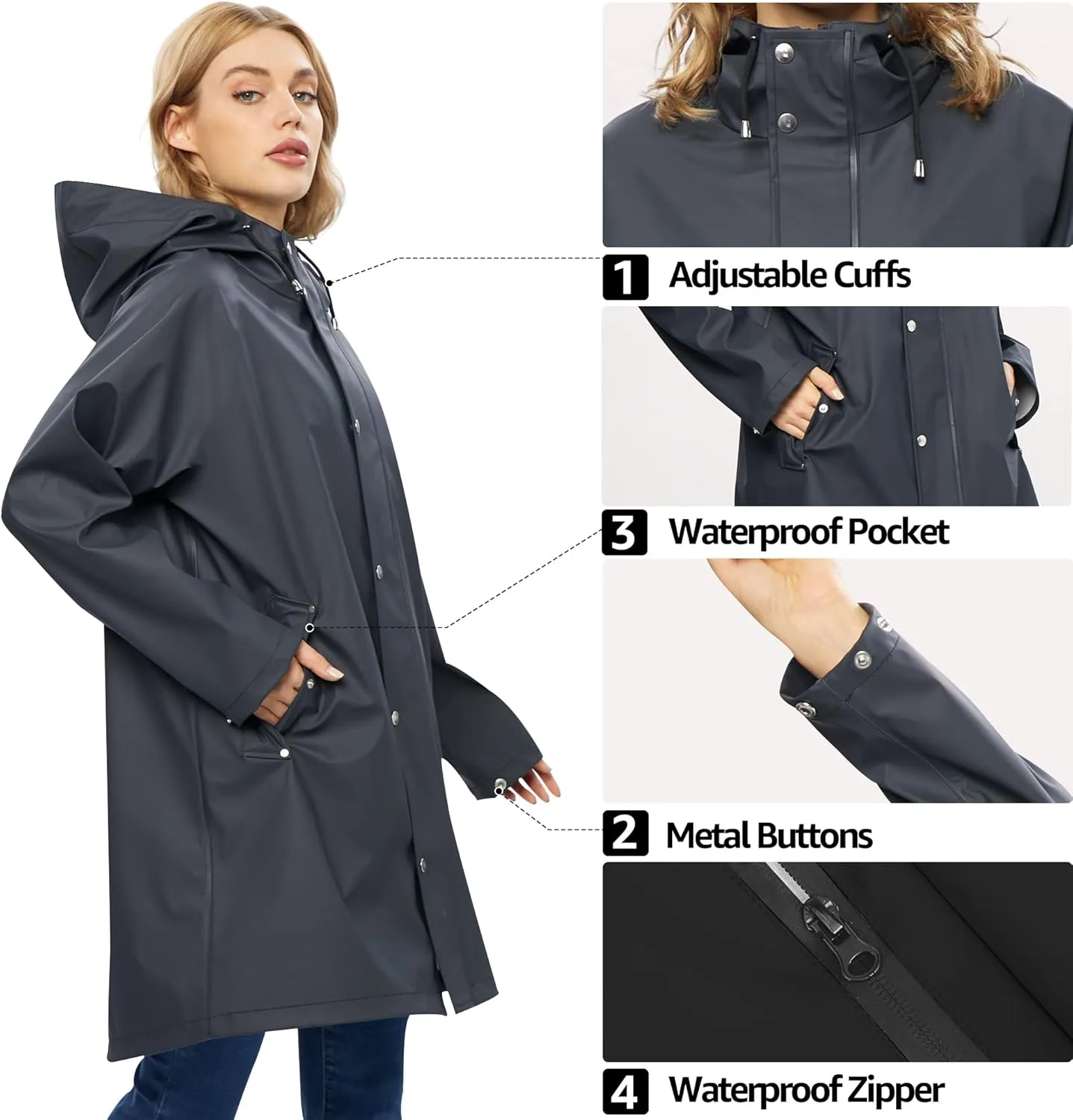 UNIQUEBELLA Rain Jackets for Women Waterproof, Raincoat Long Hooded Rain Coats Outdoor Windbreaker Trench Coat