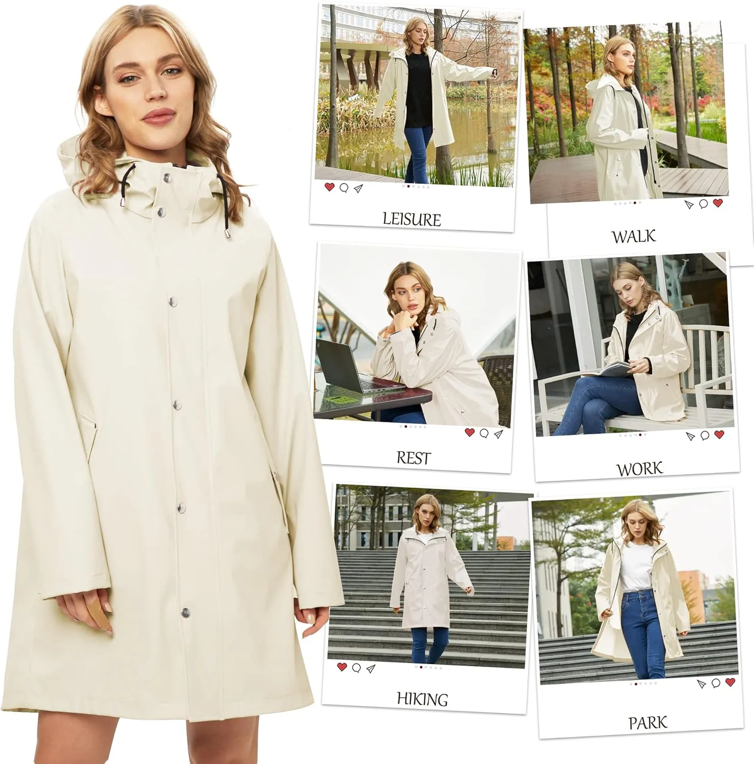 UNIQUEBELLA Rain Jackets for Women Waterproof, Raincoat Long Hooded Rain Coats Outdoor Windbreaker Trench Coat