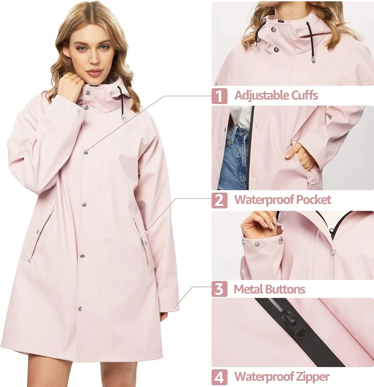 UNIQUEBELLA Rain Jackets for Women Waterproof, Raincoat Long Hooded Rain Coats Outdoor Windbreaker Trench Coat