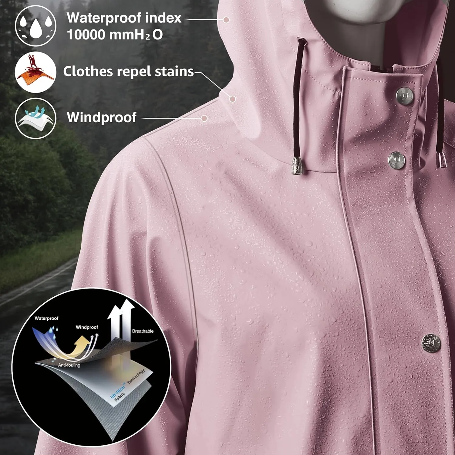UNIQUEBELLA Rain Jackets for Women Waterproof, Raincoat Long Hooded Rain Coats Outdoor Windbreaker Trench Coat
