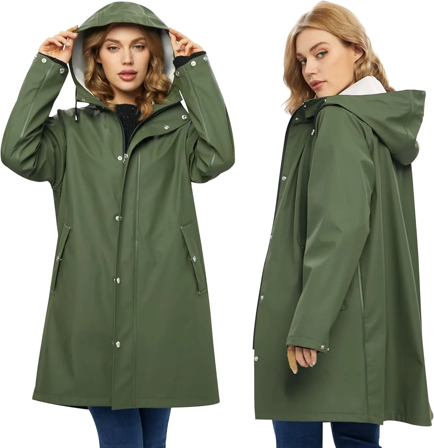 UNIQUEBELLA Rain Jackets for Women Waterproof, Raincoat Long Hooded Rain Coats Outdoor Windbreaker Trench Coat