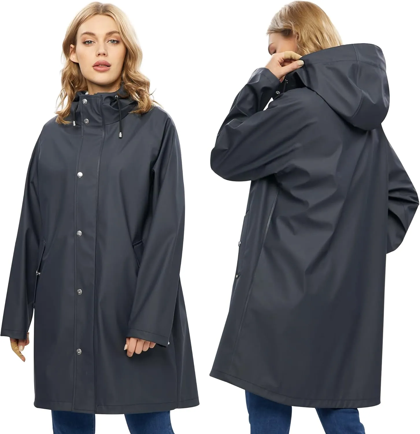 UNIQUEBELLA Rain Jackets for Women Waterproof, Raincoat Long Hooded Rain Coats Outdoor Windbreaker Trench Coat