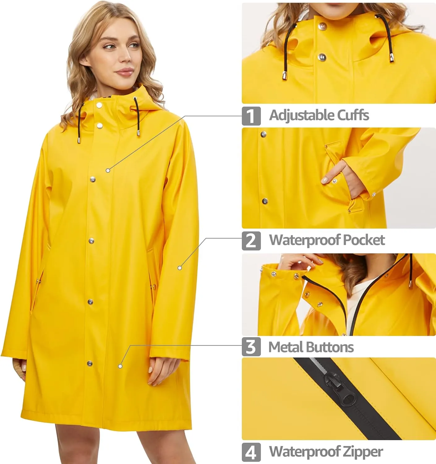 UNIQUEBELLA Rain Jackets for Women Waterproof, Raincoat Long Hooded Rain Coats Outdoor Windbreaker Trench Coat