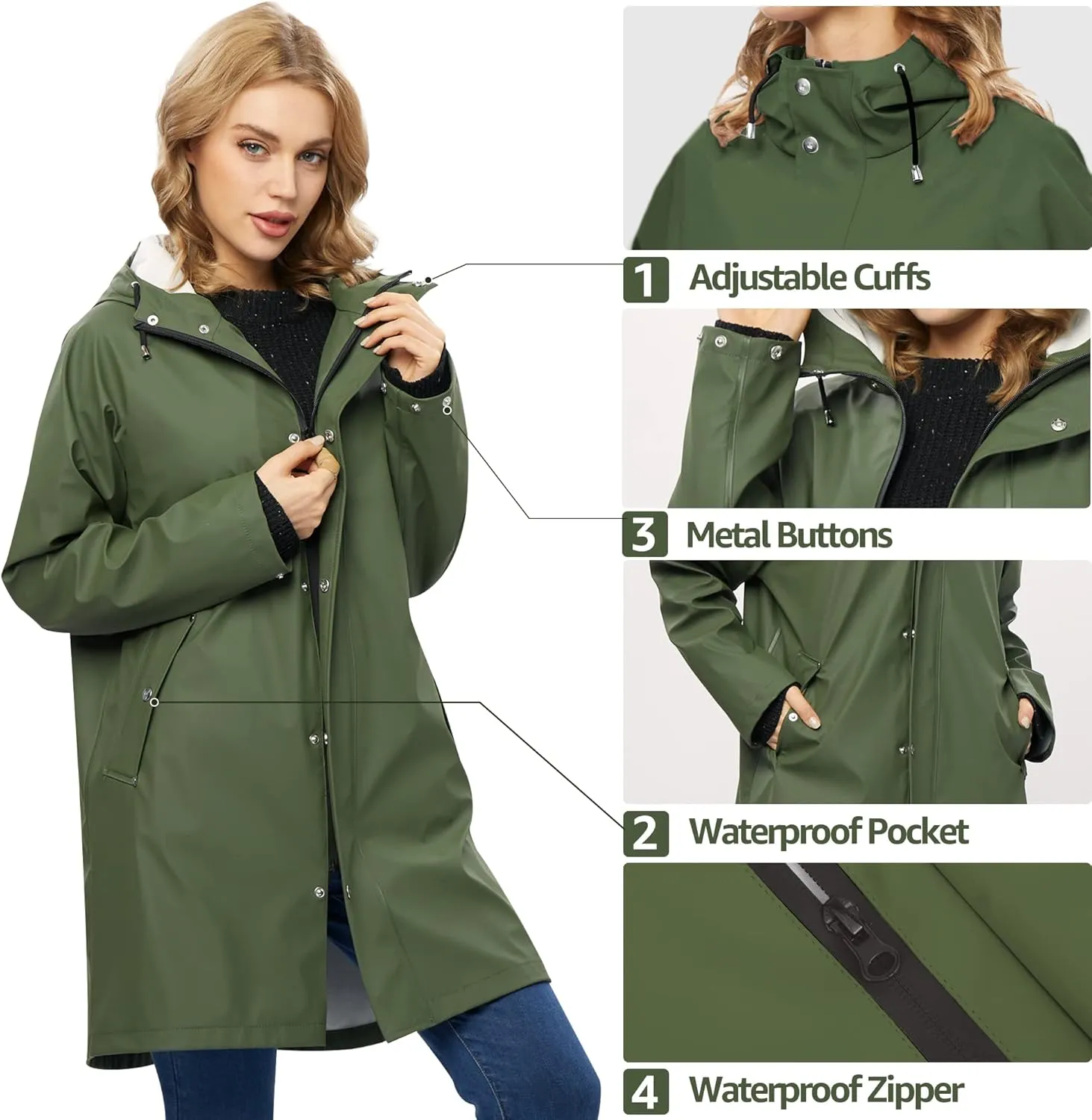 UNIQUEBELLA Rain Jackets for Women Waterproof, Raincoat Long Hooded Rain Coats Outdoor Windbreaker Trench Coat