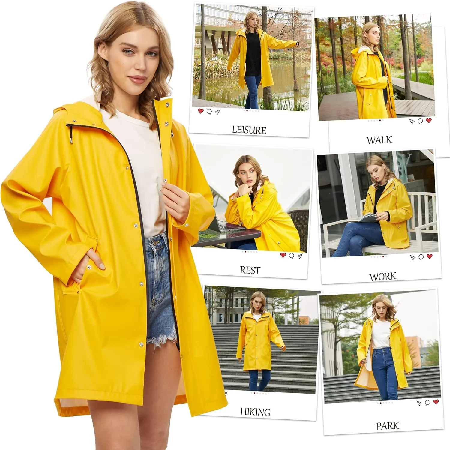UNIQUEBELLA Rain Jackets for Women Waterproof, Raincoat Long Hooded Rain Coats Outdoor Windbreaker Trench Coat