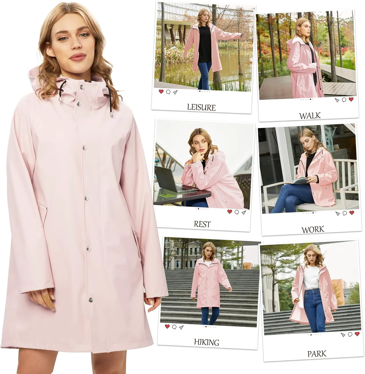 UNIQUEBELLA Rain Jackets for Women Waterproof, Raincoat Long Hooded Rain Coats Outdoor Windbreaker Trench Coat