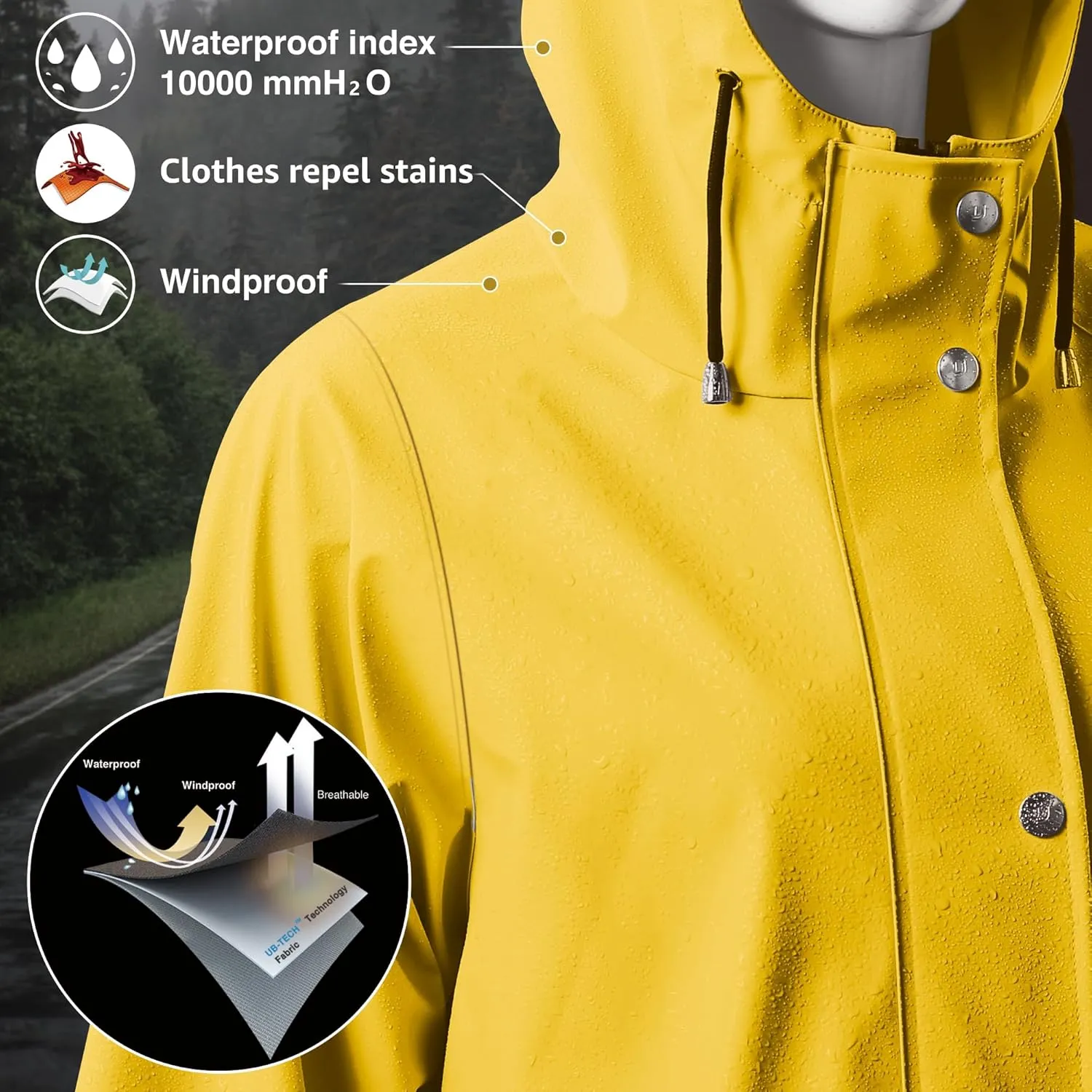 UNIQUEBELLA Rain Jackets for Women Waterproof, Raincoat Long Hooded Rain Coats Outdoor Windbreaker Trench Coat