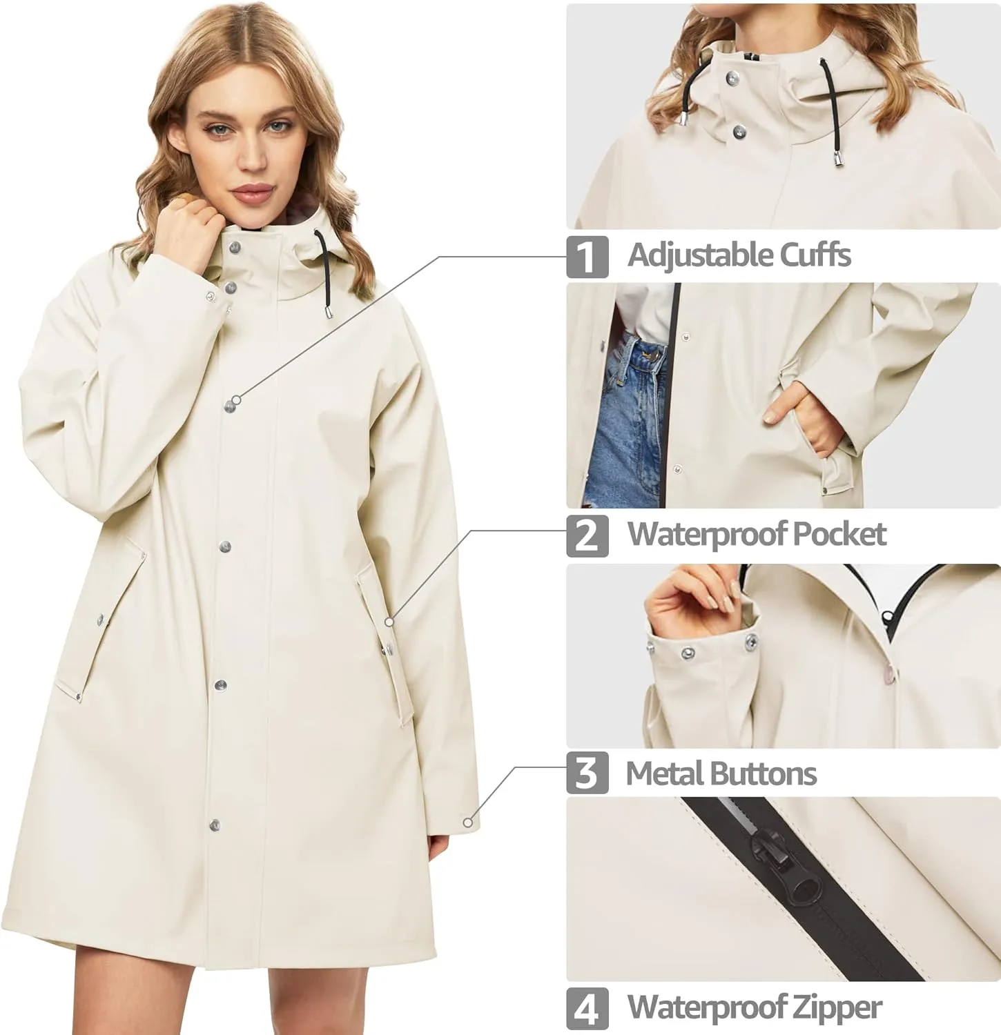 UNIQUEBELLA Rain Jackets for Women Waterproof, Raincoat Long Hooded Rain Coats Outdoor Windbreaker Trench Coat