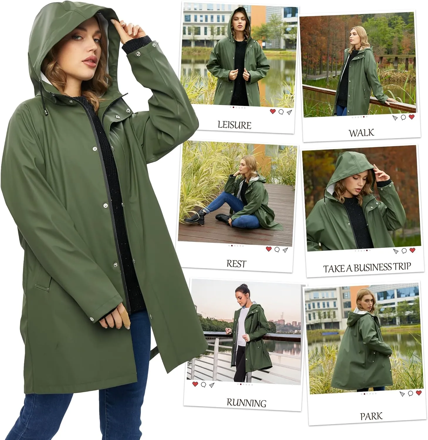 UNIQUEBELLA Rain Jackets for Women Waterproof, Raincoat Long Hooded Rain Coats Outdoor Windbreaker Trench Coat