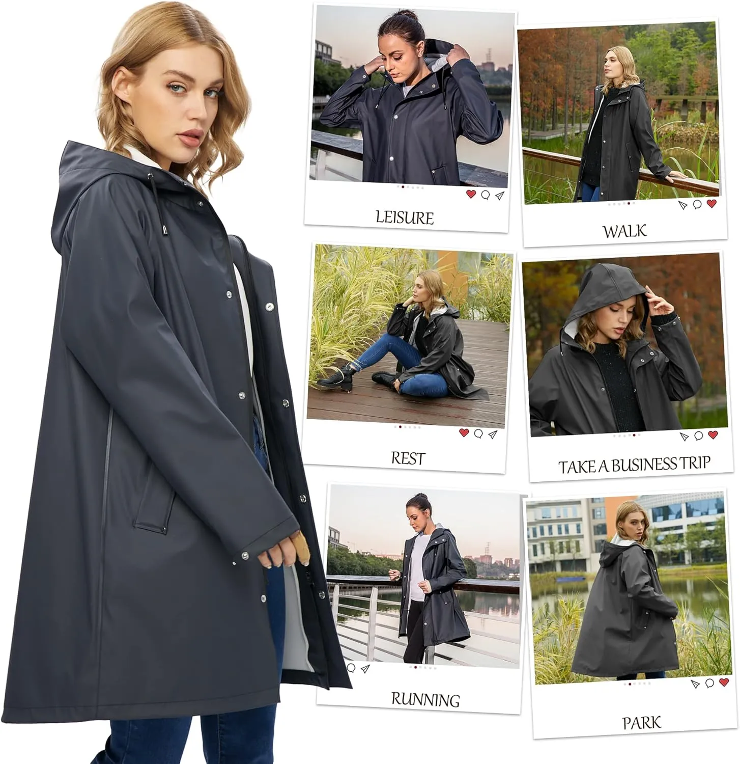 UNIQUEBELLA Rain Jackets for Women Waterproof, Raincoat Long Hooded Rain Coats Outdoor Windbreaker Trench Coat