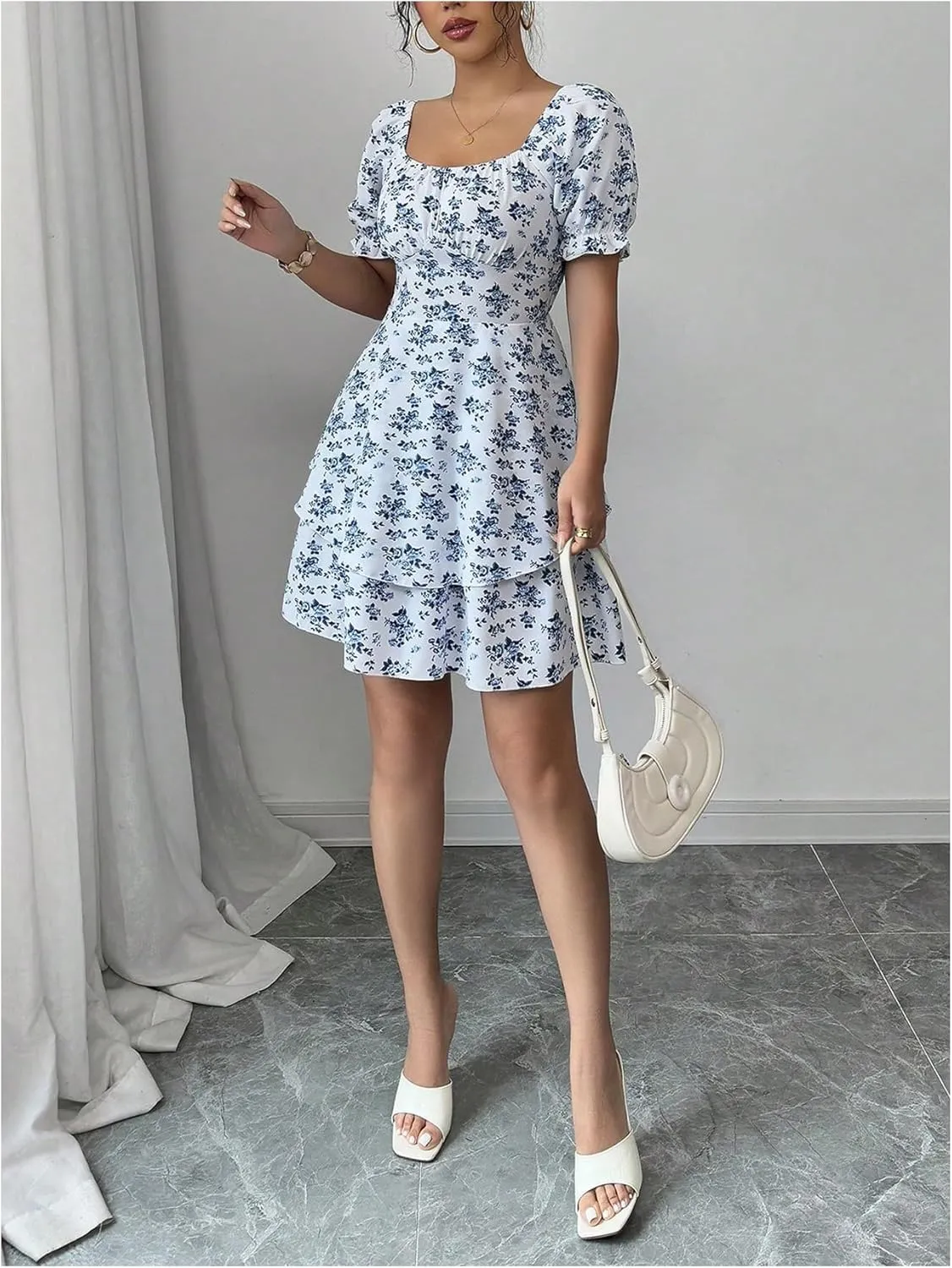 Verdusa Women's Floral Tiered Layered Sun Dresses Puff Sleeve Shirred Summer Dress