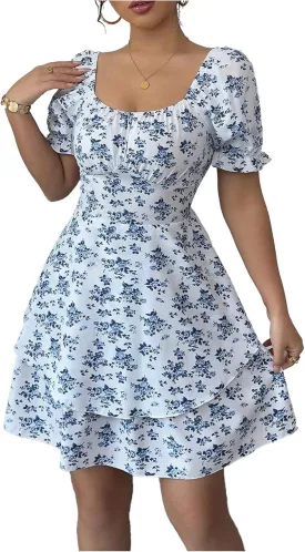 Verdusa Women's Floral Tiered Layered Sun Dresses Puff Sleeve Shirred Summer Dress