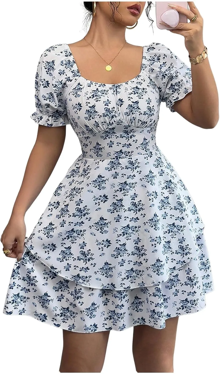 Verdusa Women's Floral Tiered Layered Sun Dresses Puff Sleeve Shirred Summer Dress