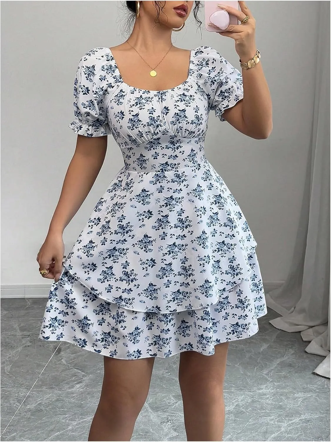 Verdusa Women's Floral Tiered Layered Sun Dresses Puff Sleeve Shirred Summer Dress