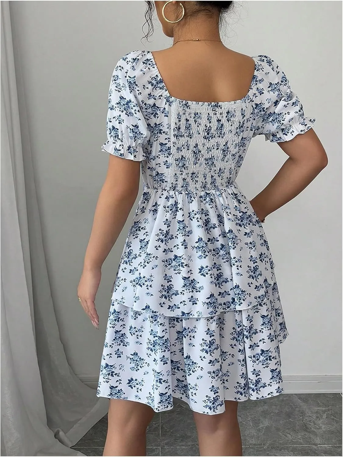 Verdusa Women's Floral Tiered Layered Sun Dresses Puff Sleeve Shirred Summer Dress
