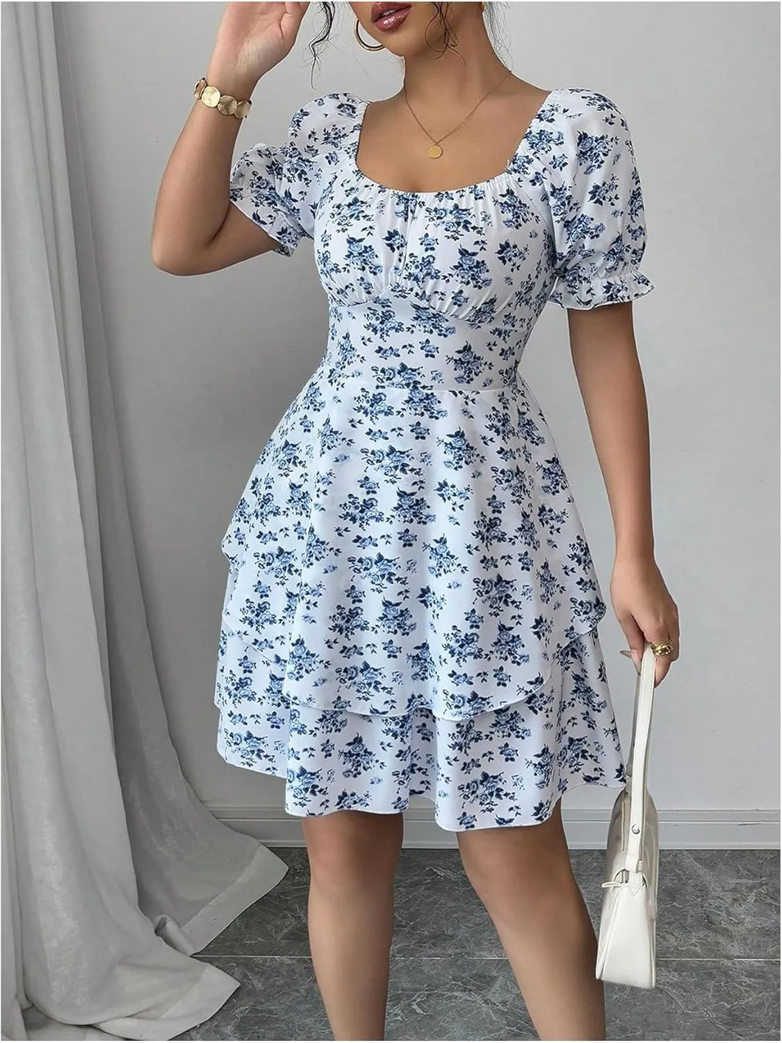 Verdusa Women's Floral Tiered Layered Sun Dresses Puff Sleeve Shirred Summer Dress