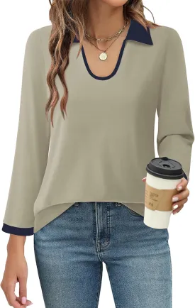 Vivilli Women's 3/4 Sleeve Polo Shirts Colour Block Blouse 2024 Fall Business Casual Tops