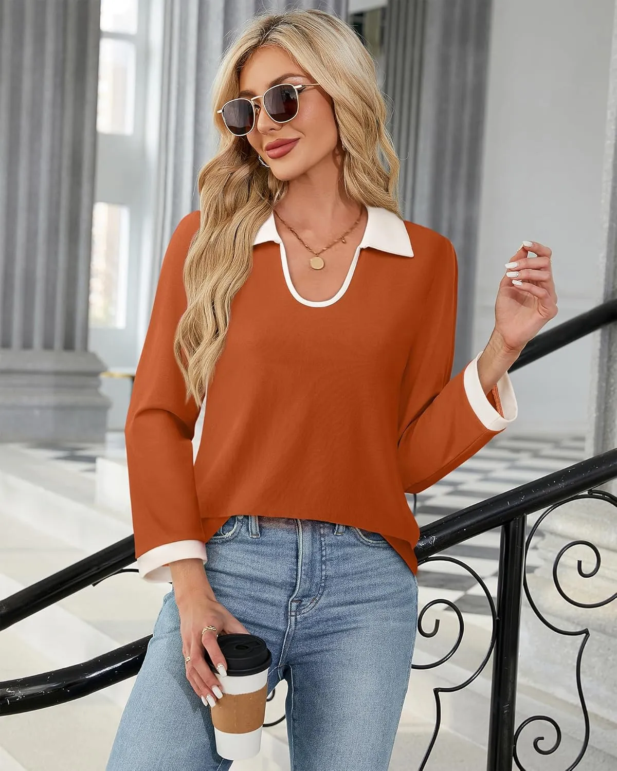 Vivilli Women's 3/4 Sleeve Polo Shirts Colour Block Blouse 2024 Fall Business Casual Tops