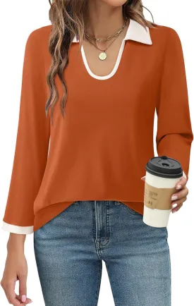 Vivilli Women's 3/4 Sleeve Polo Shirts Colour Block Blouse 2024 Fall Business Casual Tops
