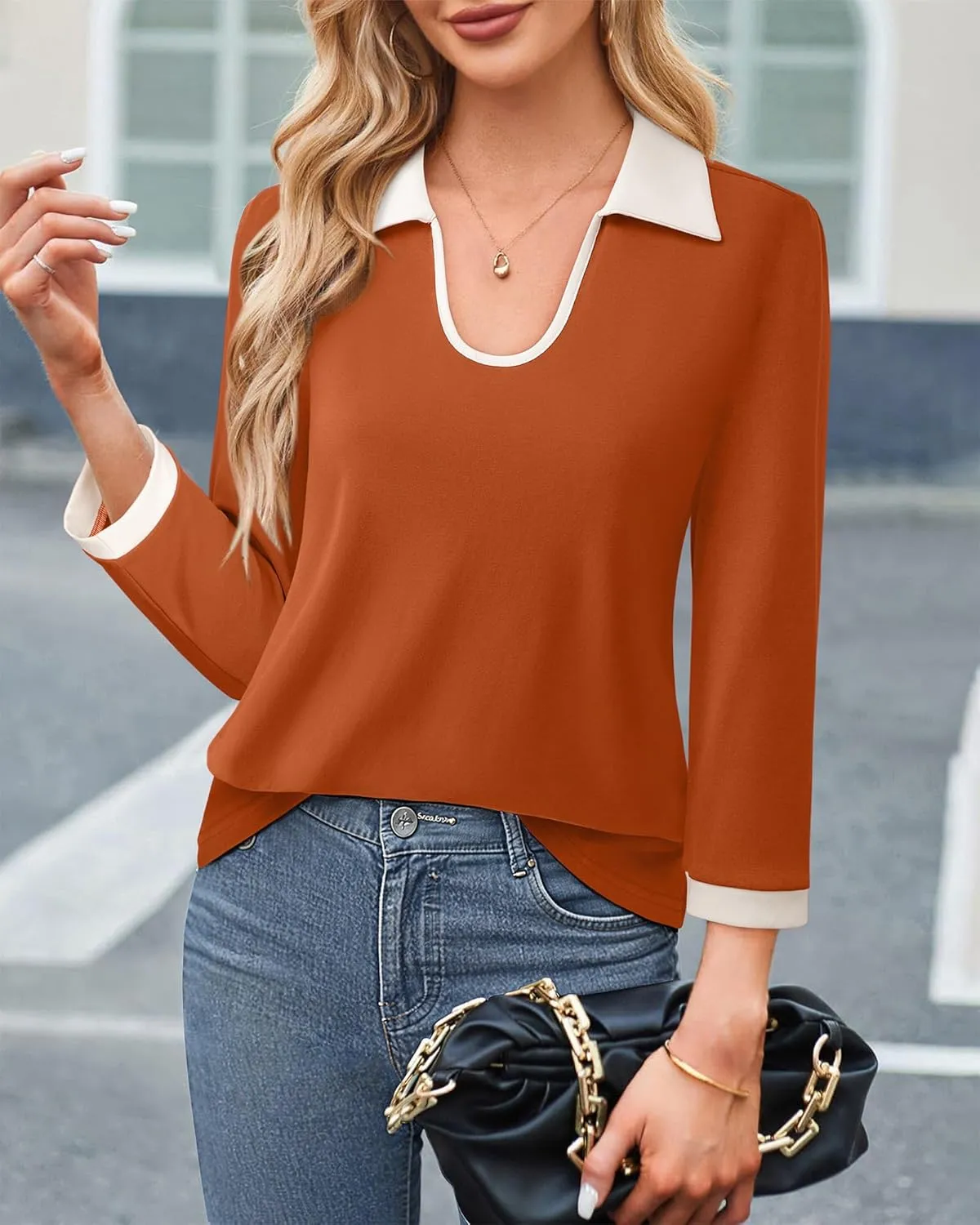 Vivilli Women's 3/4 Sleeve Polo Shirts Colour Block Blouse 2024 Fall Business Casual Tops