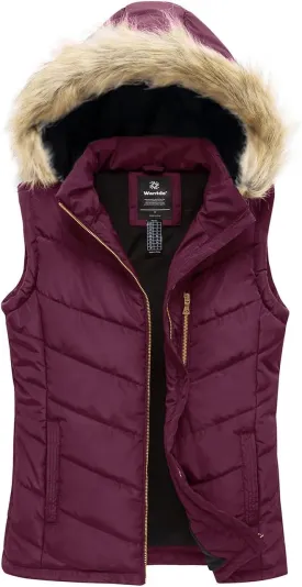 wantdo Women's Thicken Winter Vest Warm Puffer Vest with Removable Fur Hood